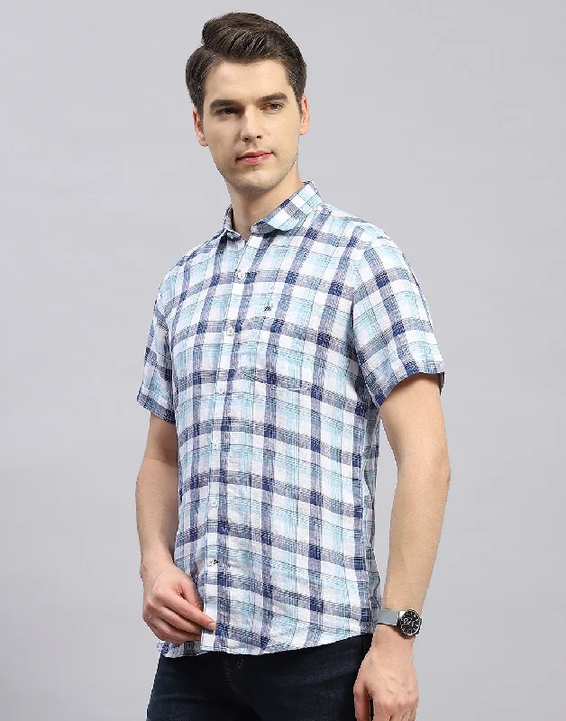 Men Blue Check Collar Half Sleeve Shirt