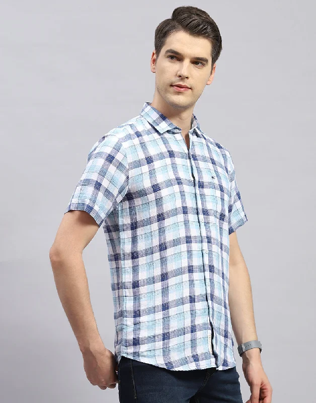 Men Blue Check Collar Half Sleeve Shirt