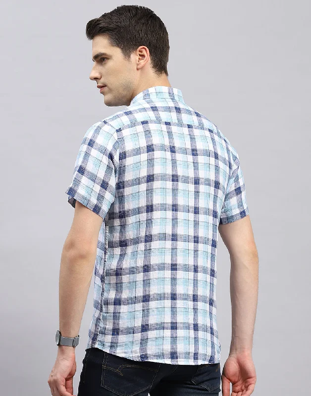 Men Blue Check Collar Half Sleeve Shirt