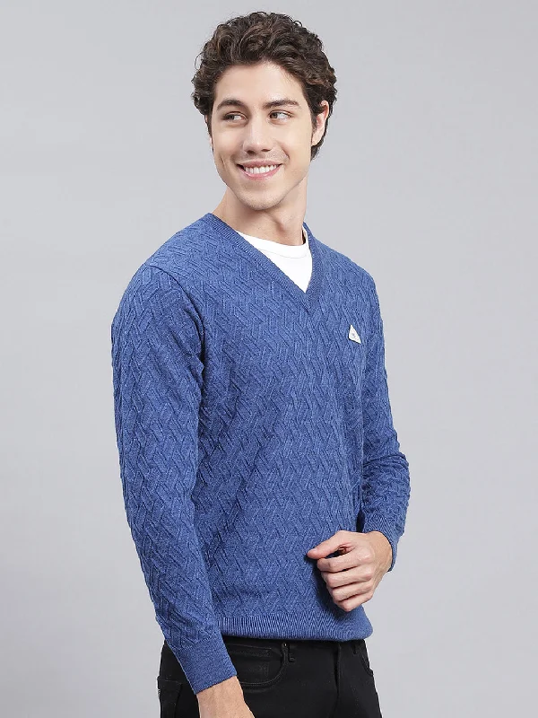 Men Blue Self Design Wool blend Pullover