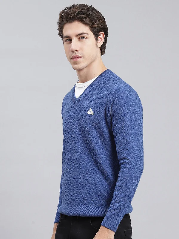 Men Blue Self Design Wool blend Pullover