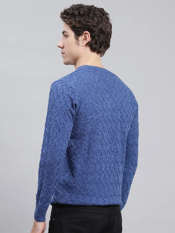 Men Blue Self Design Wool blend Pullover