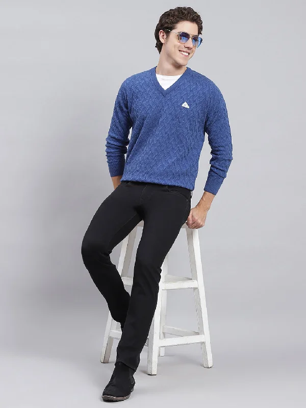 Men Blue Self Design Wool blend Pullover