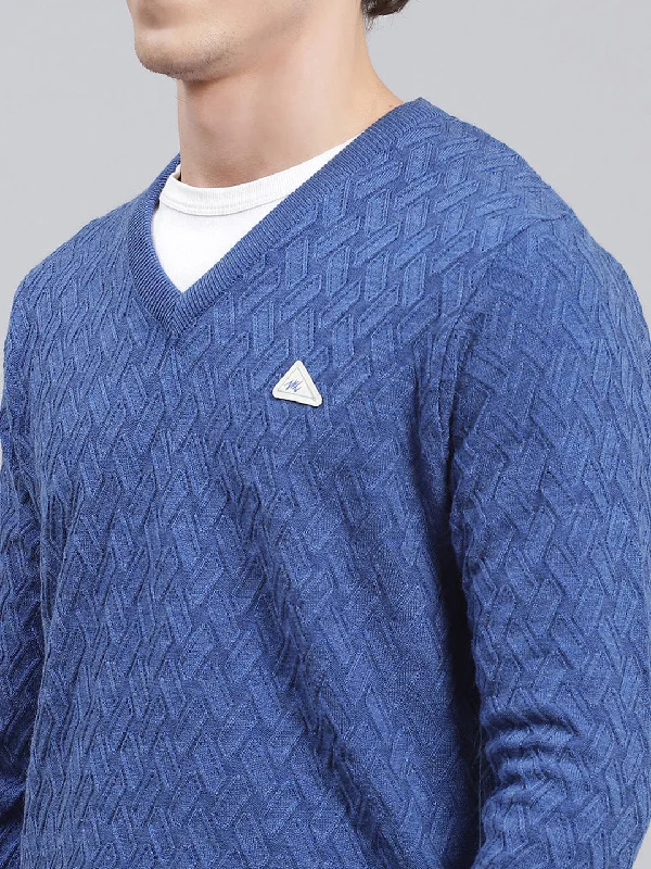 Men Blue Self Design Wool blend Pullover