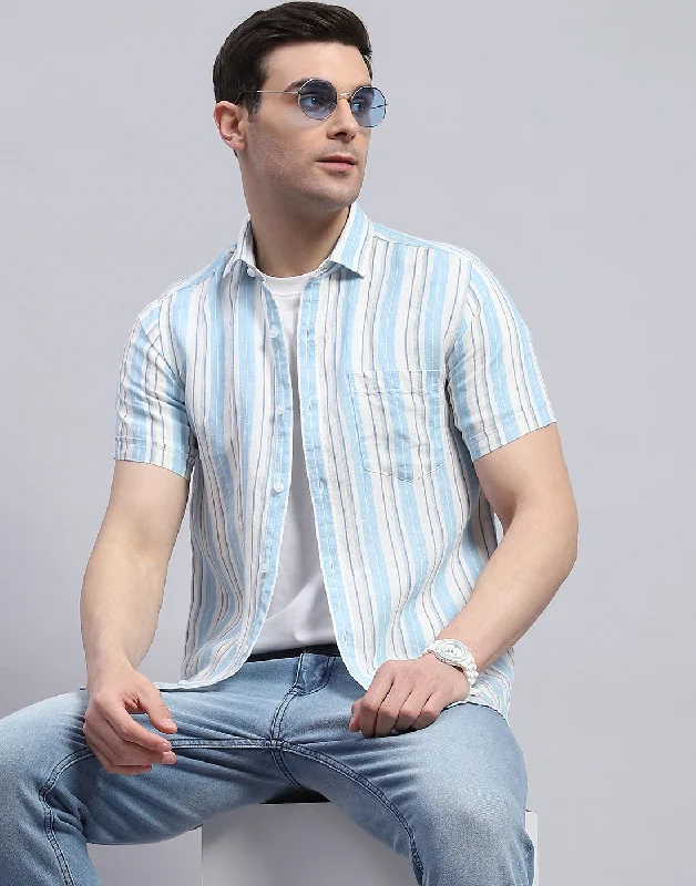 Men Blue Stripe Spread Collar Half Sleeve Shirt