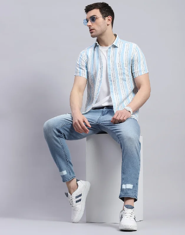 Men Blue Stripe Spread Collar Half Sleeve Shirt