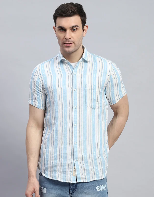 Men Blue Stripe Spread Collar Half Sleeve Shirt