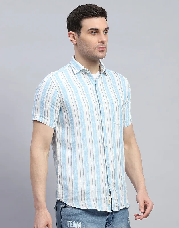 Men Blue Stripe Spread Collar Half Sleeve Shirt