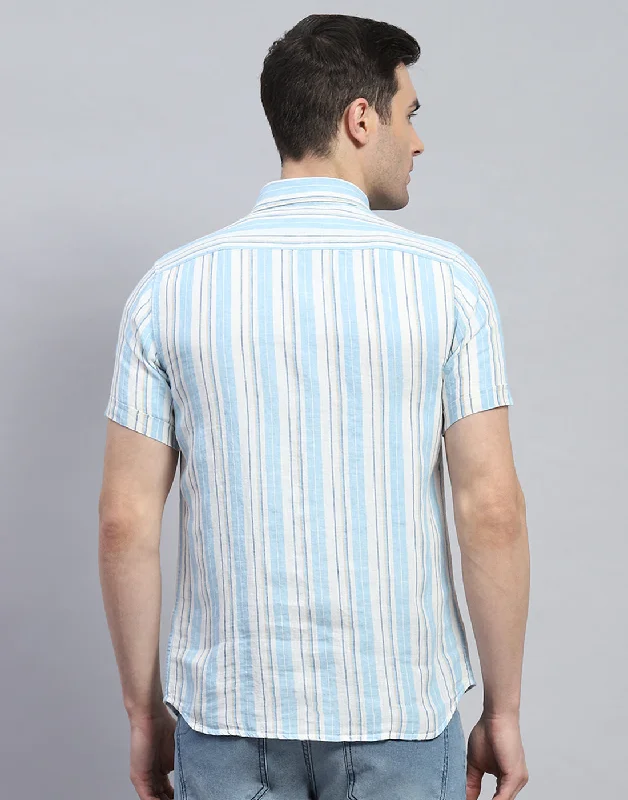 Men Blue Stripe Spread Collar Half Sleeve Shirt