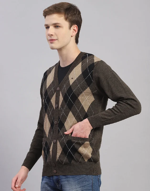 Men Brown Self Design V Neck Full Sleeve Cardigan