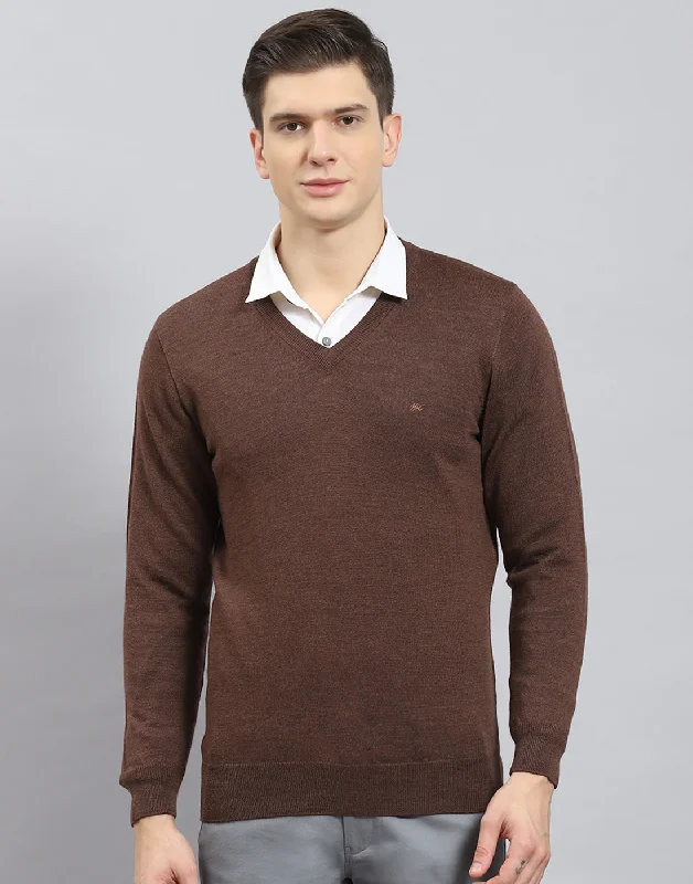 Men Brown Solid V Neck Full Sleeve Sweater