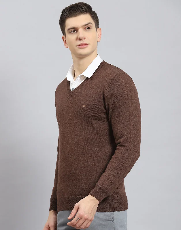 Men Brown Solid V Neck Full Sleeve Sweater