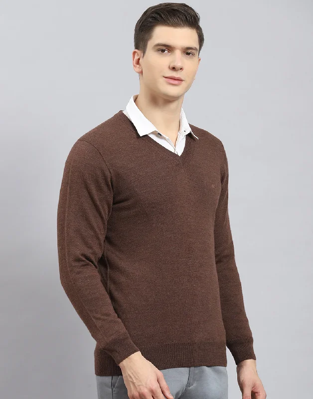 Men Brown Solid V Neck Full Sleeve Sweater