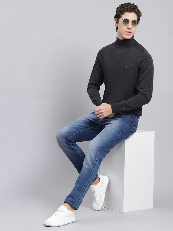 Men Grey Solid Pure wool Pullover