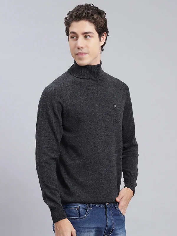 Men Grey Solid Pure wool Pullover