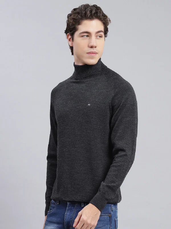 Men Grey Solid Pure wool Pullover