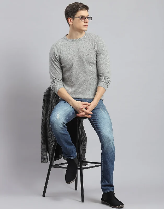 Men Grey Solid Round Neck Full Sleeve Pullover