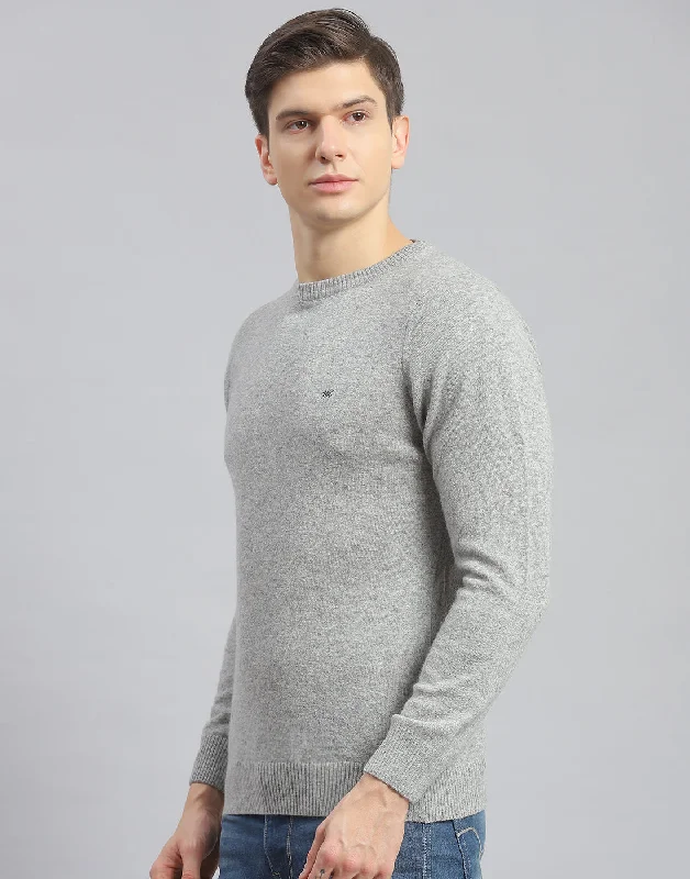 Men Grey Solid Round Neck Full Sleeve Pullover