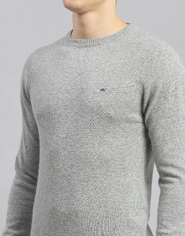 Men Grey Solid Round Neck Full Sleeve Pullover