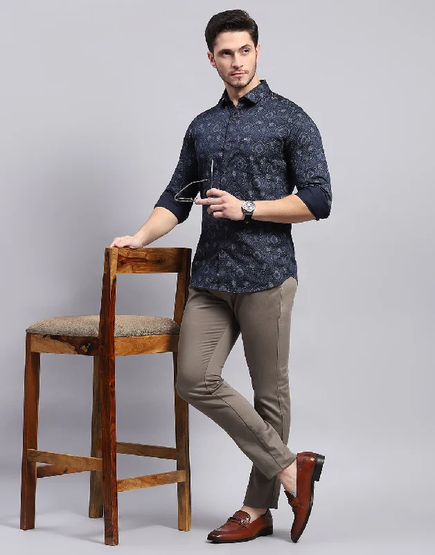 Men Navy Blue Printed Collar Full Sleeve Shirt