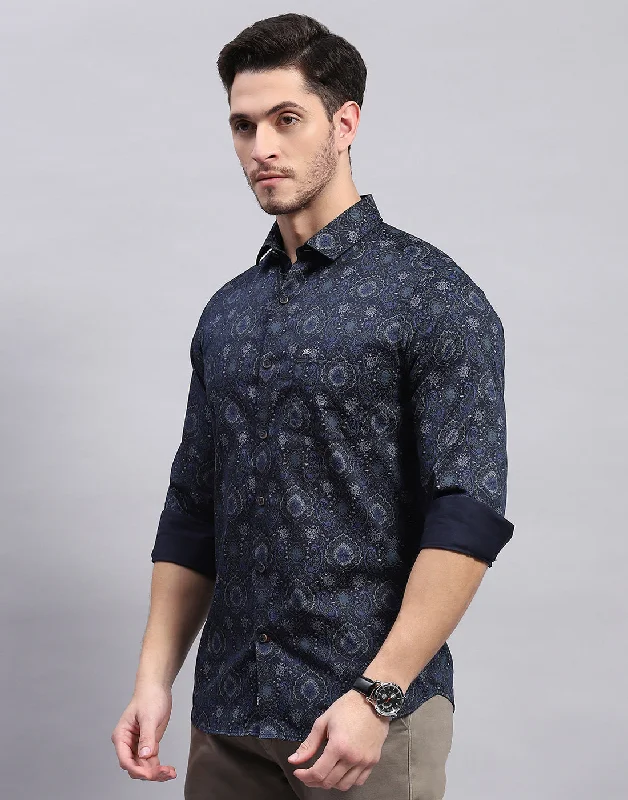 Men Navy Blue Printed Collar Full Sleeve Shirt