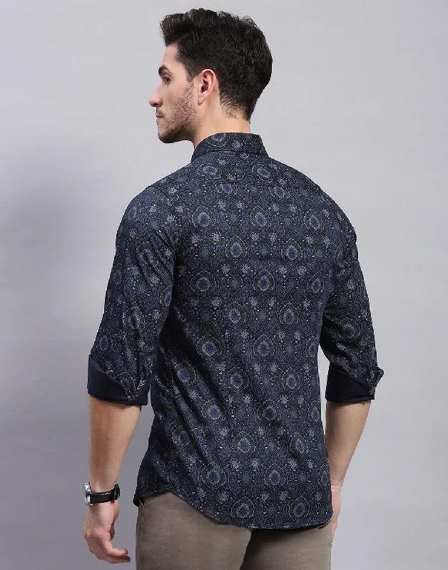 Men Navy Blue Printed Collar Full Sleeve Shirt