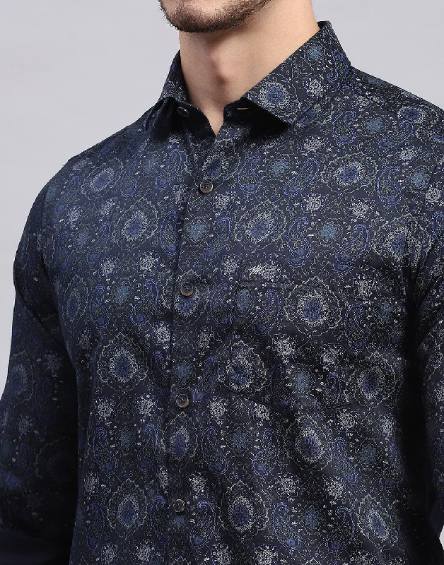 Men Navy Blue Printed Collar Full Sleeve Shirt