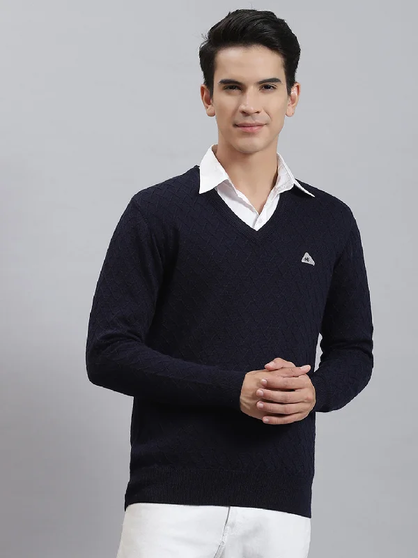 Men Navy Blue Self Design V Neck Full Sleeve Sweaters/Pullovers