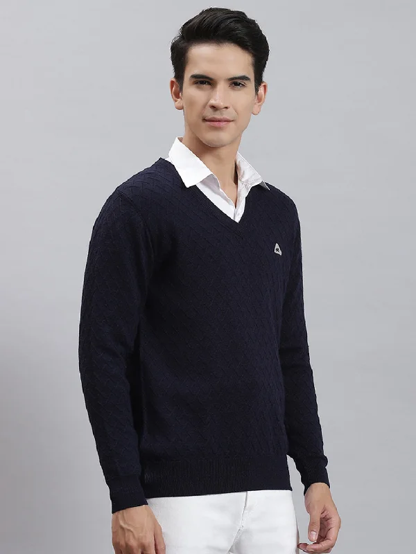 Men Navy Blue Self Design V Neck Full Sleeve Sweaters/Pullovers