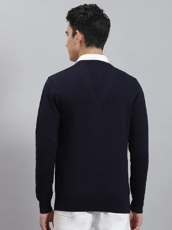 Men Navy Blue Self Design V Neck Full Sleeve Sweaters/Pullovers