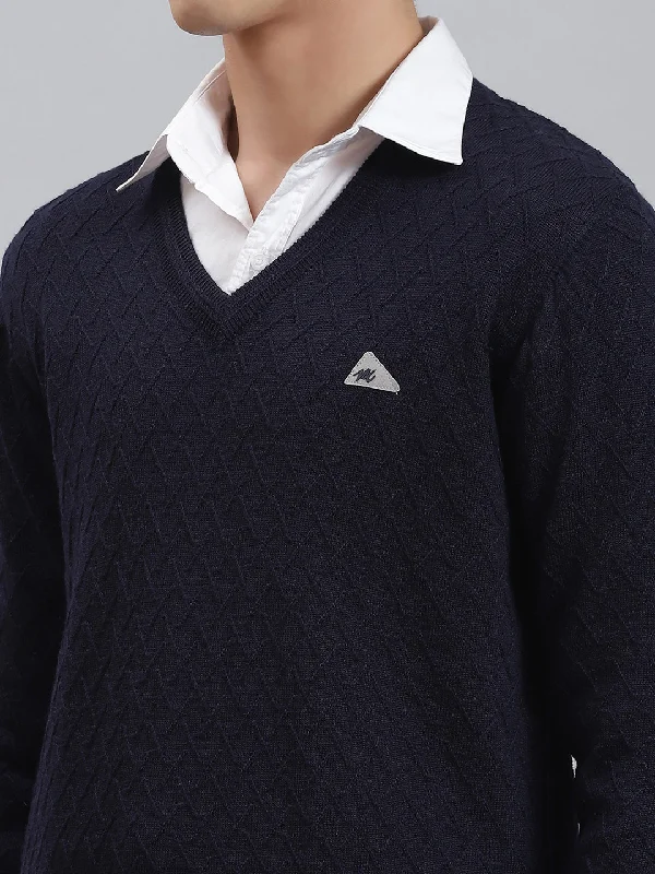 Men Navy Blue Self Design V Neck Full Sleeve Sweaters/Pullovers