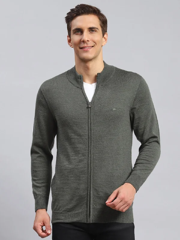 Men Olive Solid Pure wool Pullover