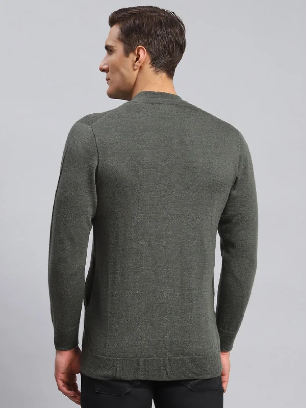 Men Olive Solid Pure wool Pullover