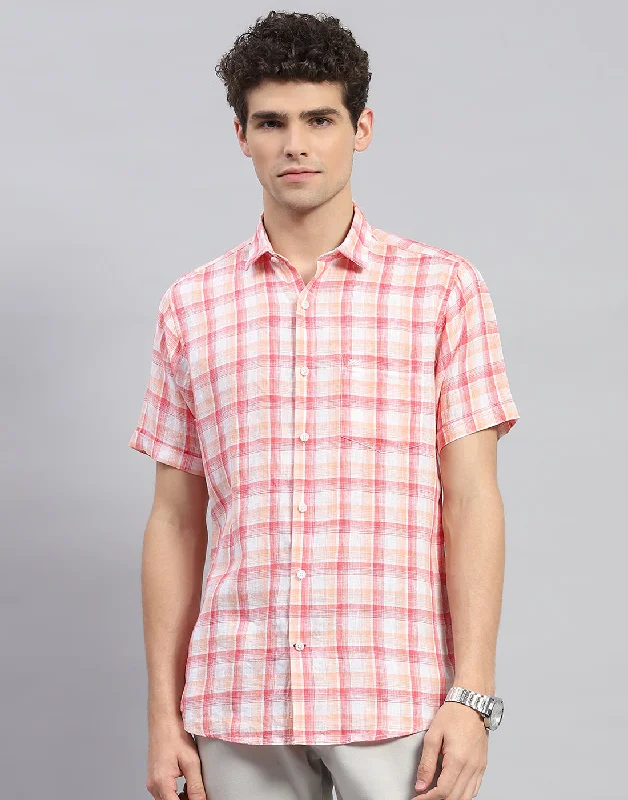 Men Orange Check Collar Neck Half Sleeve Shirt