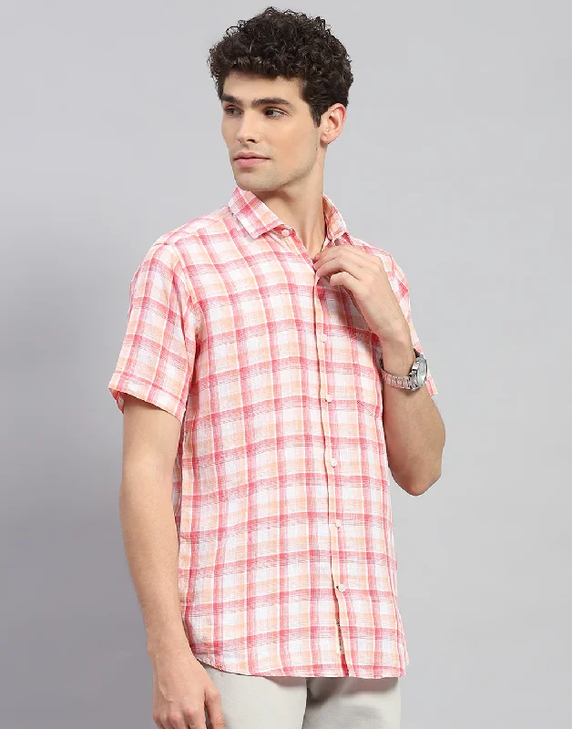 Men Orange Check Collar Neck Half Sleeve Shirt