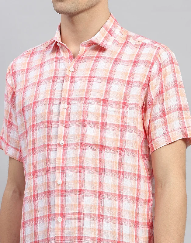 Men Orange Check Collar Neck Half Sleeve Shirt