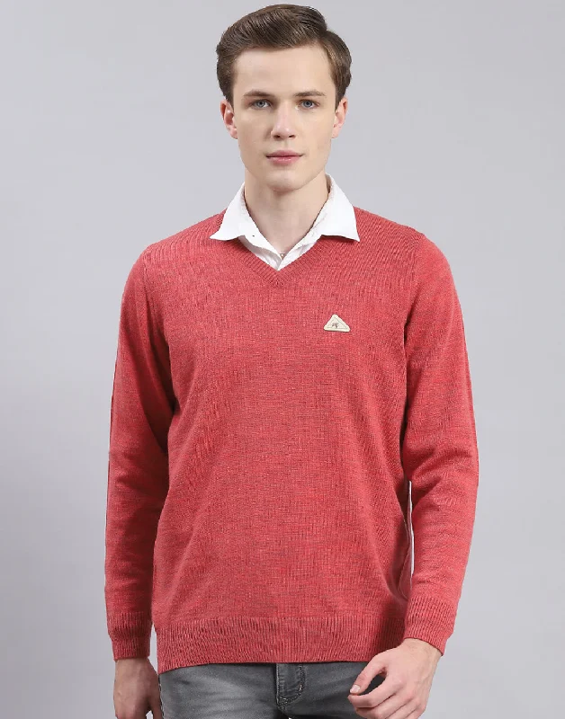 Men Red Solid V Neck Full Sleeve Sweater