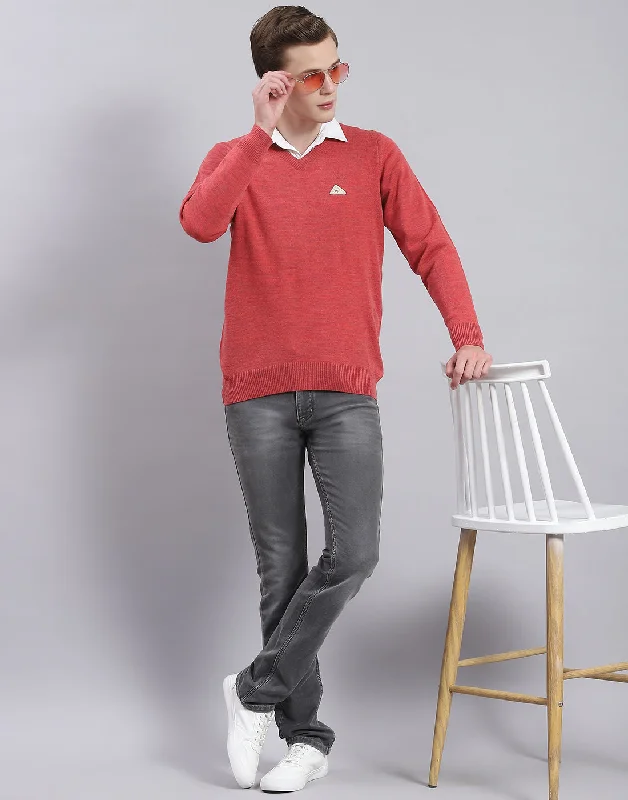 Men Red Solid V Neck Full Sleeve Sweater