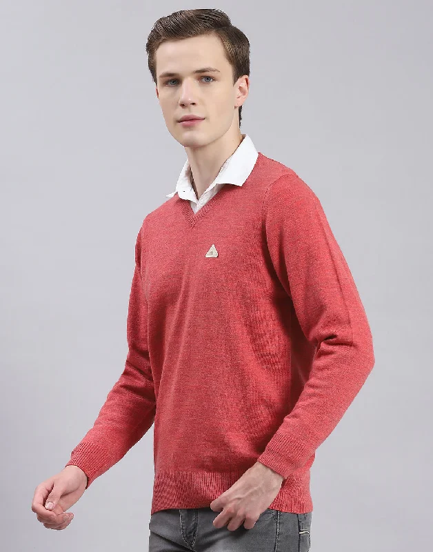 Men Red Solid V Neck Full Sleeve Sweater