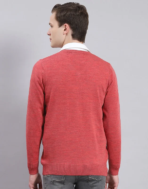 Men Red Solid V Neck Full Sleeve Sweater