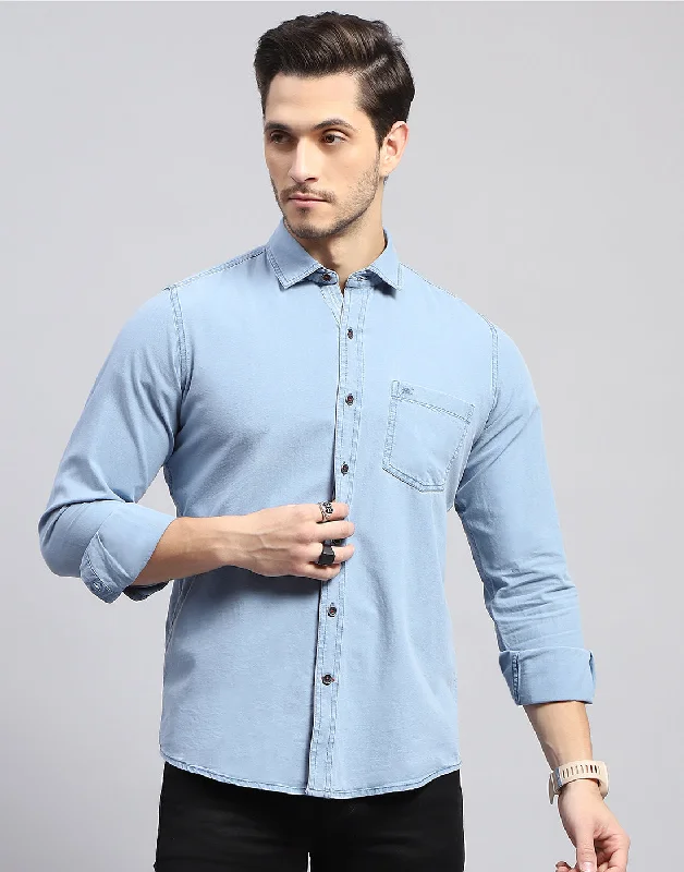 Men Sky Blue Solid Collar Full Sleeve Shirt