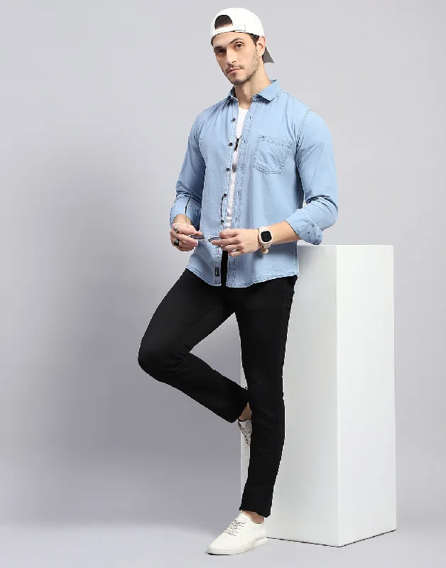 Men Sky Blue Solid Collar Full Sleeve Shirt