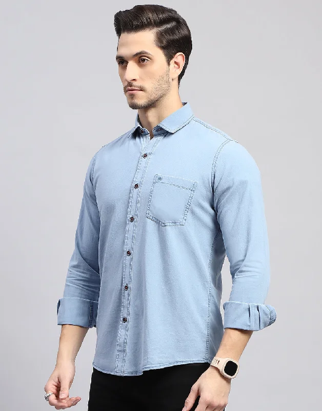 Men Sky Blue Solid Collar Full Sleeve Shirt