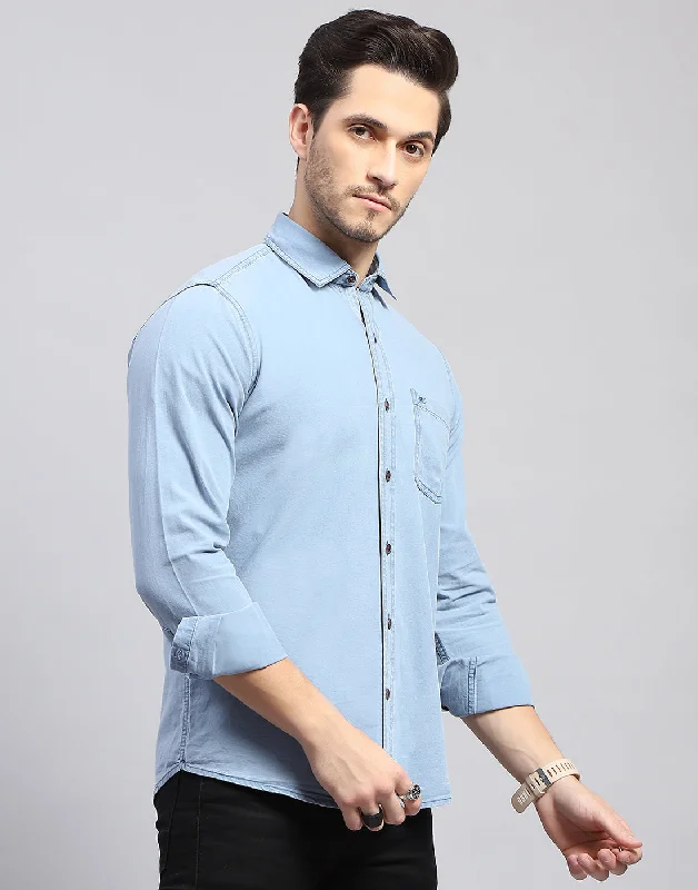 Men Sky Blue Solid Collar Full Sleeve Shirt