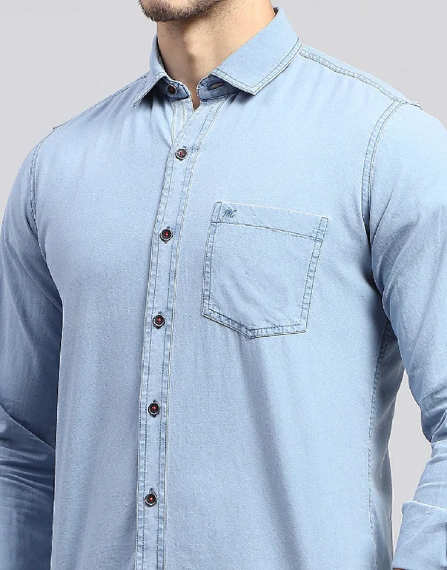 Men Sky Blue Solid Collar Full Sleeve Shirt