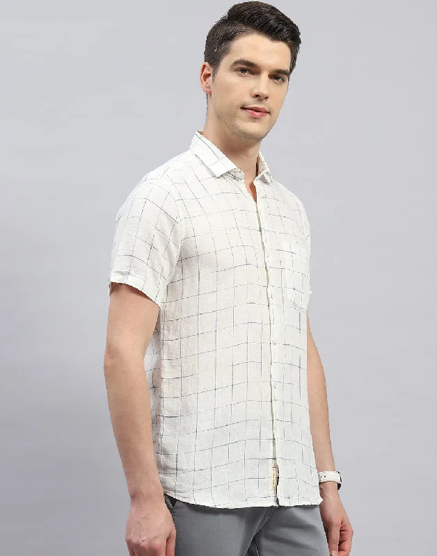 Men White Check Collar Half Sleeve Shirt