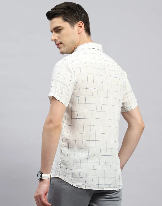 Men White Check Collar Half Sleeve Shirt