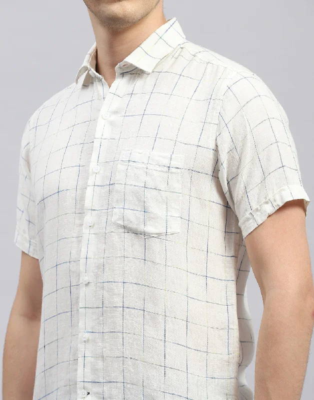 Men White Check Collar Half Sleeve Shirt