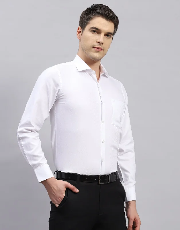 Men White Self Design Collar Full Sleeve Shirt