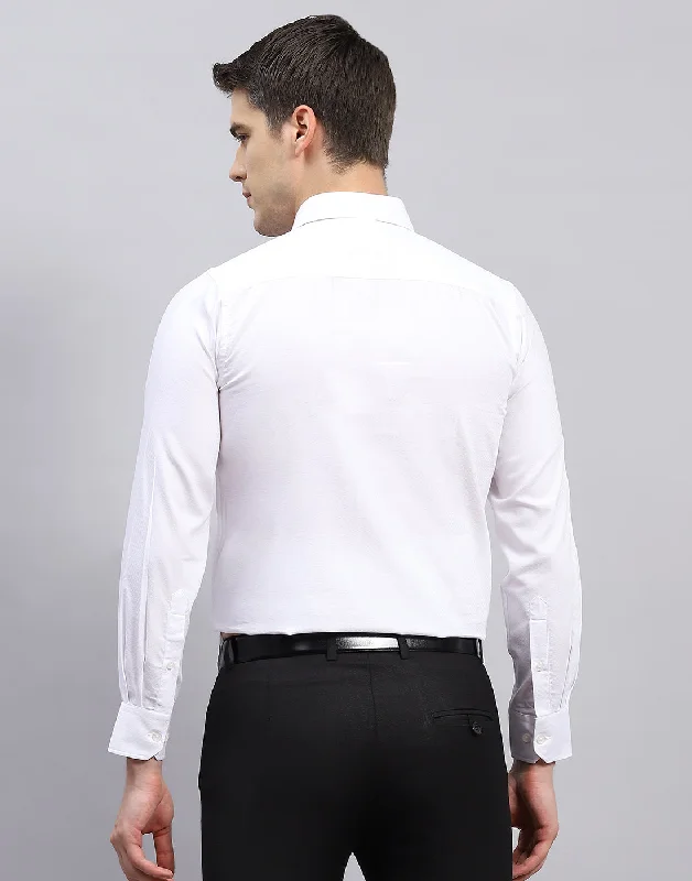 Men White Self Design Collar Full Sleeve Shirt